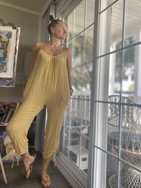 ETAM Loose Cotton Bohemian-Style Wide-Leg Romper Jumpsuit Mustard Yellow S/M